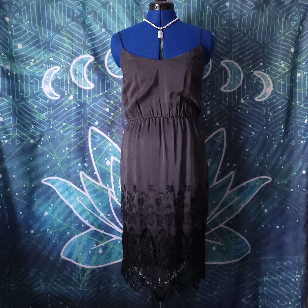 Twelfth Street by Cynthia Vincent Silk Slip Dress Sz S Black Lace Hem Midi Dress